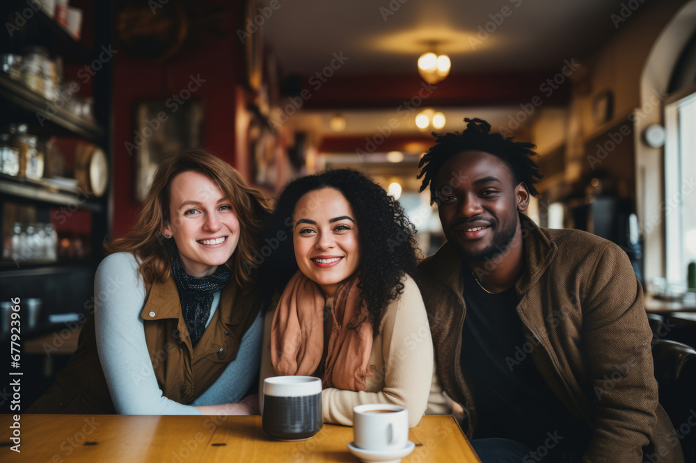 Group of cheerful multiracial friends having fun at coffee shop. Multi-ethnic people having a get together indoors. Group of cheerful multiracial friends having fun at coffee shop. Multi-ethnic people having a get together indoors.