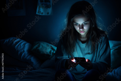 Teenage girl checking her smartphone at night. Teen scrolling through social media on her phone screen. Internet addiction in kids.