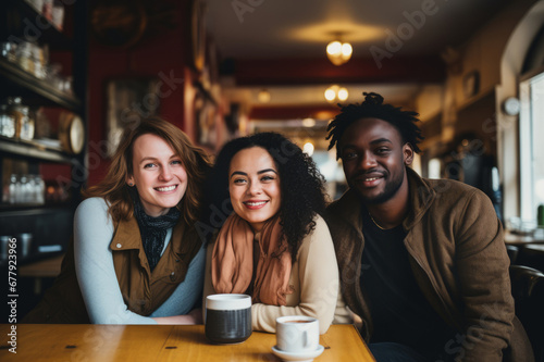 Group of cheerful multiracial friends having fun at coffee shop. Multi-ethnic people having a get together indoors.