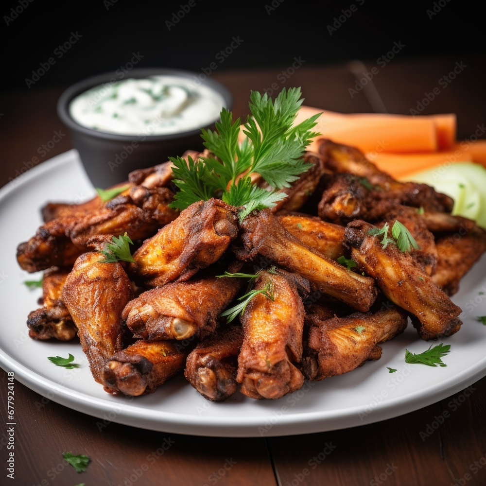 A white plate topped with wings and carrots