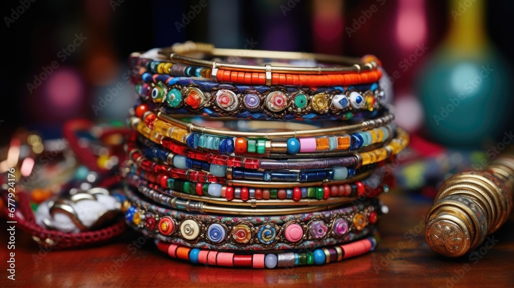 A stack of colorful bracelets sitting on top of a wooden table