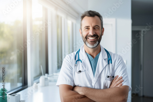 Handsome smiling male doctor wearing scrubs in a hospital. Cheerful medical staff portrait.