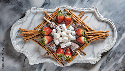 A marble platter showcases a symmetrical arrangement of chocolate-dipped strawberries, marshmallows, and pretzel sticks, radiating decadence in a top-down view.