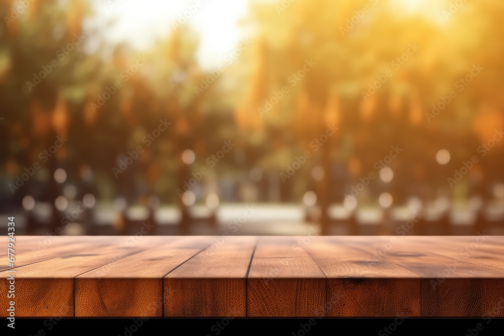 Empty wooden table top with lights bokeh on blur background. 3d render illustration. Generative AI. Empty wooden table top with lights bokeh on blur background. 3d render illustration. Generative AI.