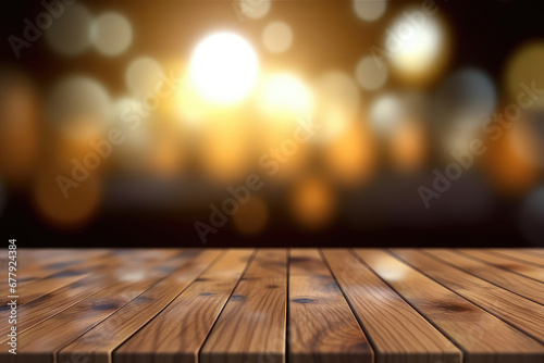 Empty wooden table top with lights bokeh on blur background. 3d render illustration. Generative AI. © NeeArtwork