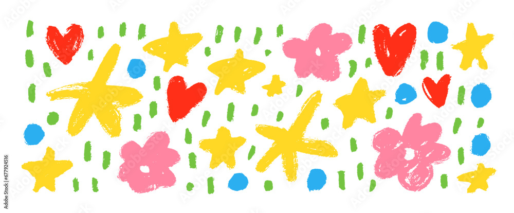 Abstract flowers, stars and hearts in childish colorful style. Hand drawn botanical elements.