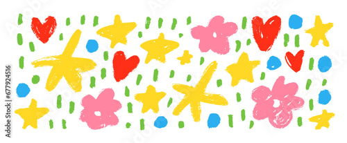 Abstract flowers, stars and hearts in childish colorful style. Hand drawn botanical elements.