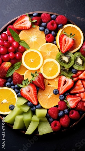 A plate of fruit with oranges, strawberries, kiwi and strawberries
