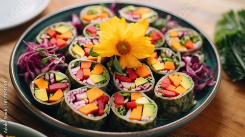 A plate of sushi rolls with a flower on top