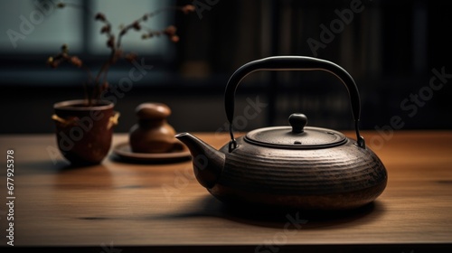 A tea pot sitting on top of a wooden table