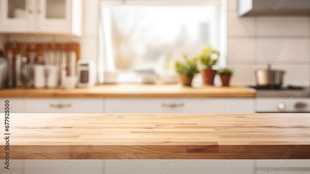 Wooden table or countertop in a modern kitchen, with a focused foreground and a blurred background, ideal for product placement or renderings, accentuating the setting's ambiance. Wooden table or countertop in a modern kitchen, with a focused foreground and a blurred background, ideal for product placement or renderings, accentuating the setting's ambiance.