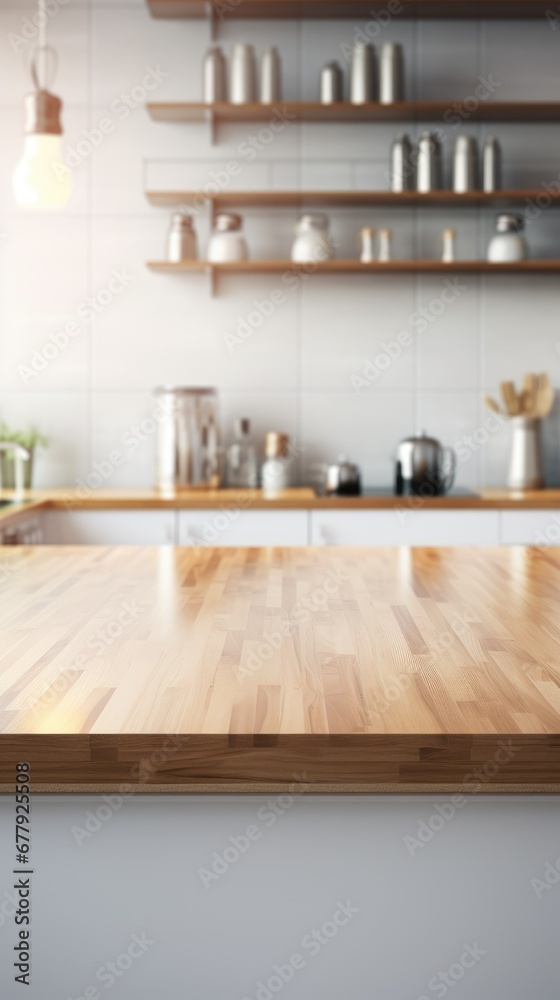 Wooden table or countertop in a modern kitchen, with a focused foreground and a blurred background, ideal for product placement or renderings, accentuating the setting's ambiance. Wooden table or countertop in a modern kitchen, with a focused foreground and a blurred background, ideal for product placement or renderings, accentuating the setting's ambiance.