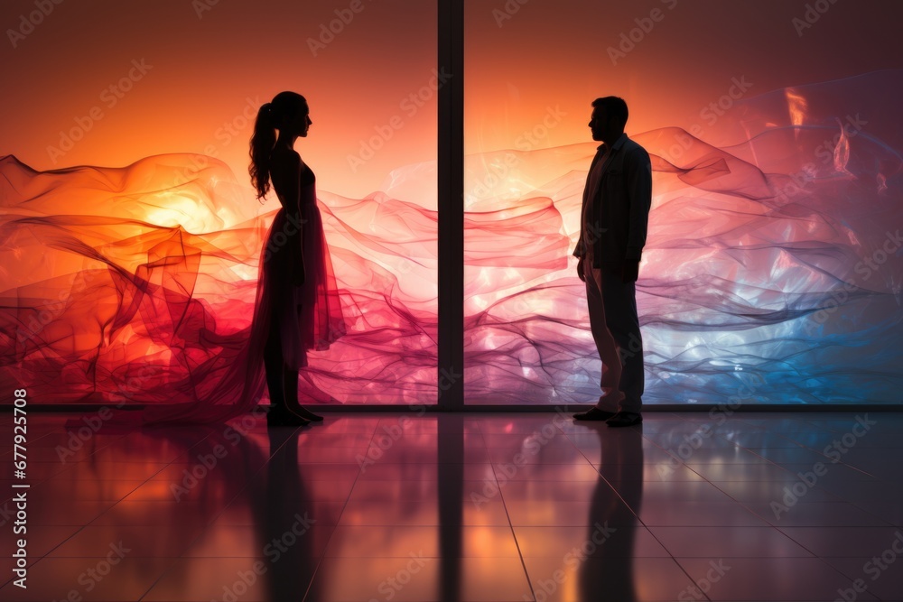 A man and a woman standing in front of a colorful wall, Valentines day concept image A man and a woman standing in front of a colorful wall, Valentines day concept image