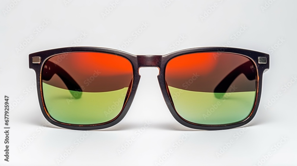 A pair of sunglasses on a white surface A pair of sunglasses on a white surface