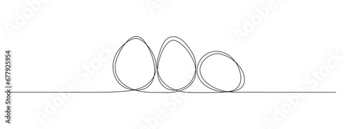 One continuous line drawing of Easter eggs. Greeting banner design in simple linear style. Editable stroke. Doodle vector illustration