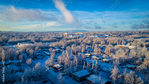 Snow Mountain in the distance over a snowy alaskan city © Tempaux