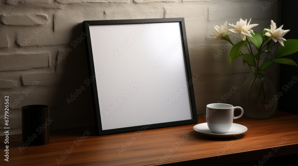 Wooden table desk with a framed picture on the workspace. The blank frame is perfect for mock-ups, allowing for the placement of art or other images. Wooden table desk with a framed picture on the workspace. The blank frame is perfect for mock-ups, allowing for the placement of art or other images.