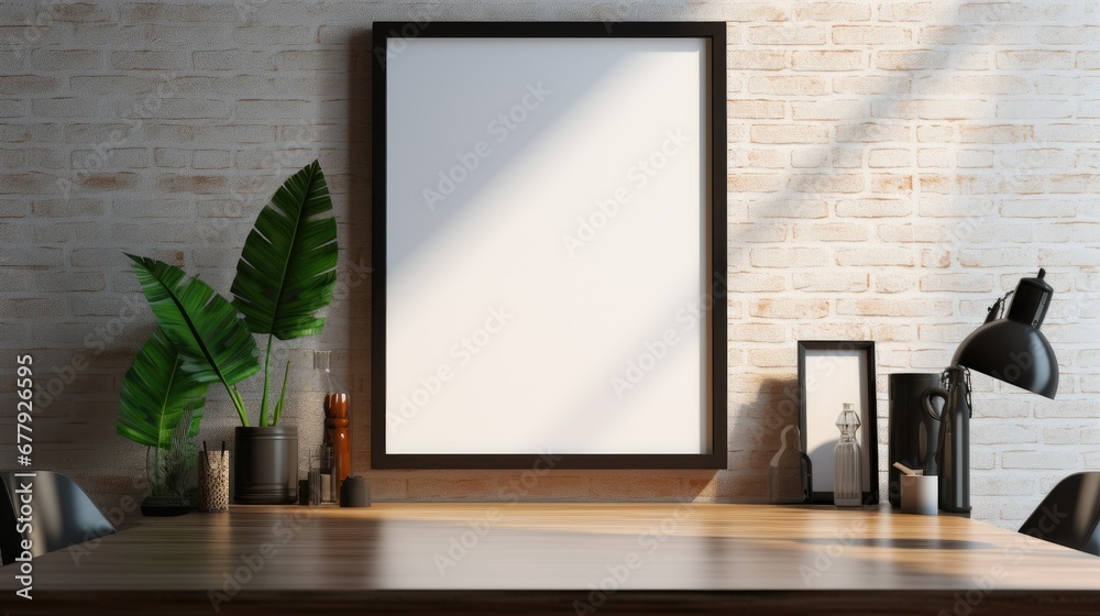 Wooden table desk with a framed picture on the workspace. The blank frame is perfect for mock-ups, allowing for the placement of art or other images. Wooden table desk with a framed picture on the workspace. The blank frame is perfect for mock-ups, allowing for the placement of art or other images.