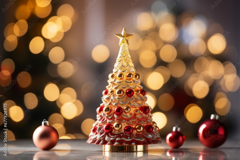 Decorative mini Christmas tree. Merry Christmas and Happy New Year concept. Background with copy space