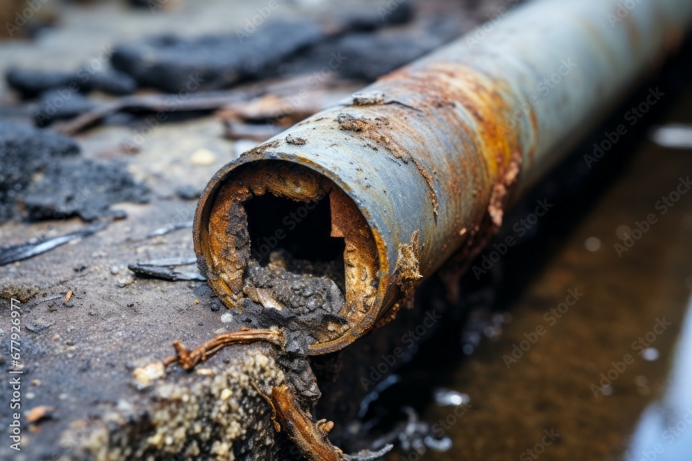 A very old damaged pipe. Background with selective focus and copy space A very old damaged pipe. Background with selective focus and copy space