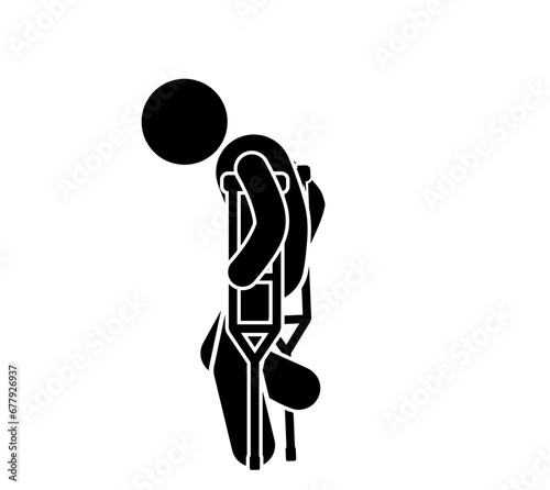 stick figure vector illustration and pictogram of injury with crutches