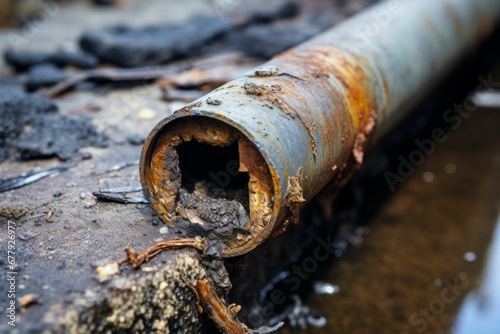 A very old damaged pipe. Background with selective focus and copy space