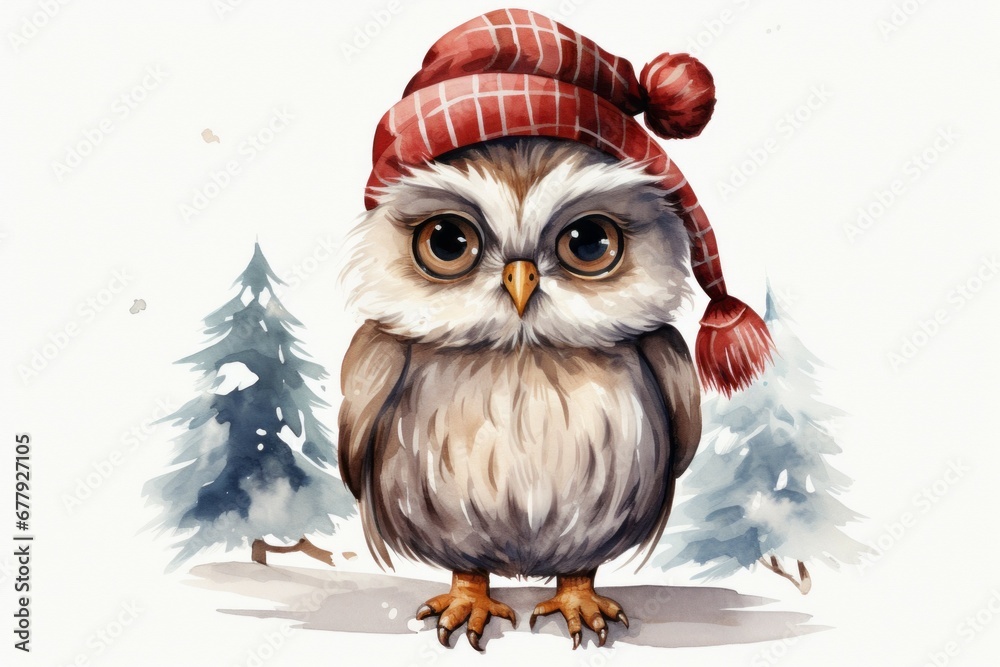Watercolor drawing of an owl. Merry Christmas and Happy New Year concept. Background with copy space