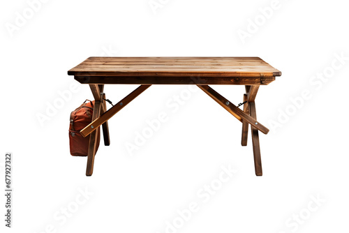 Empty Wooden Camping table with bag isolated on transparent background