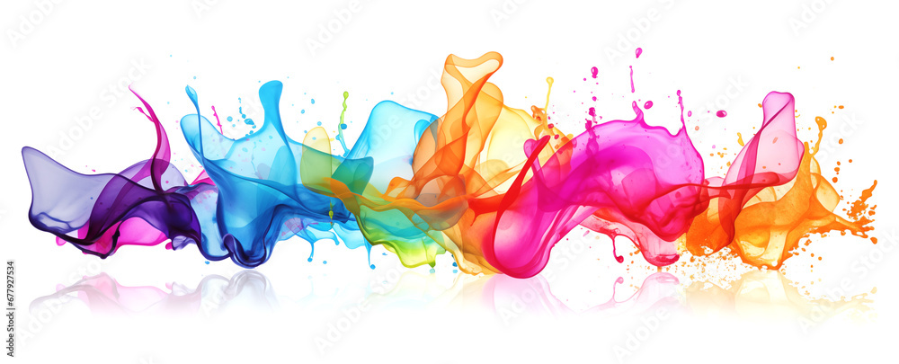 colorful abstract rainbow transparent water splash liquid color powder explosion with bright colors isolated white wide panorama background - obrazy, fototapety, plakaty 