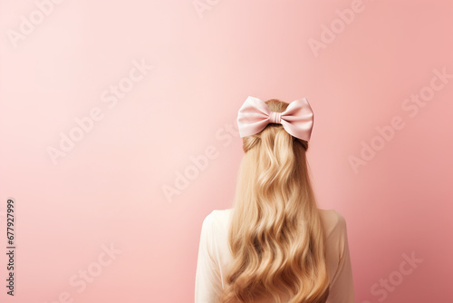 woman with bow in hair on pink solid background with copy space photo