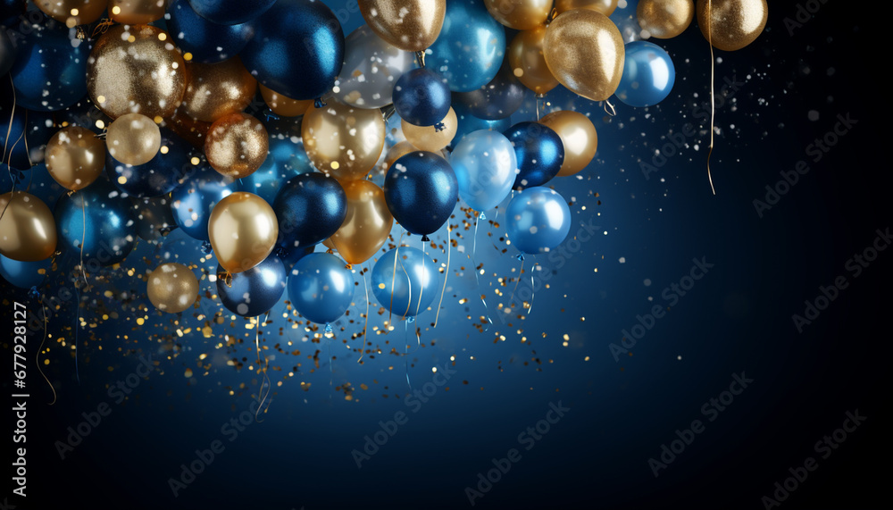 background with blue golden balloons and confetti on copy space background background with blue golden balloons and confetti on copy space background