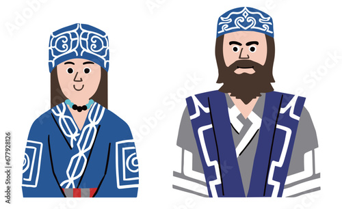 民族衣装を着たアイヌの男女の上半身のベクターイラスト