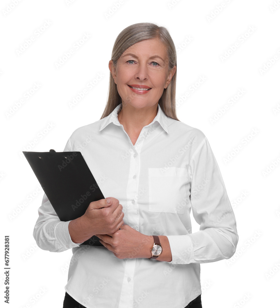 Portrait of smiling woman with clipboard on white background. Lawyer, businesswoman, accountant or manager Portrait of smiling woman with clipboard on white background. Lawyer, businesswoman, accountant or manager