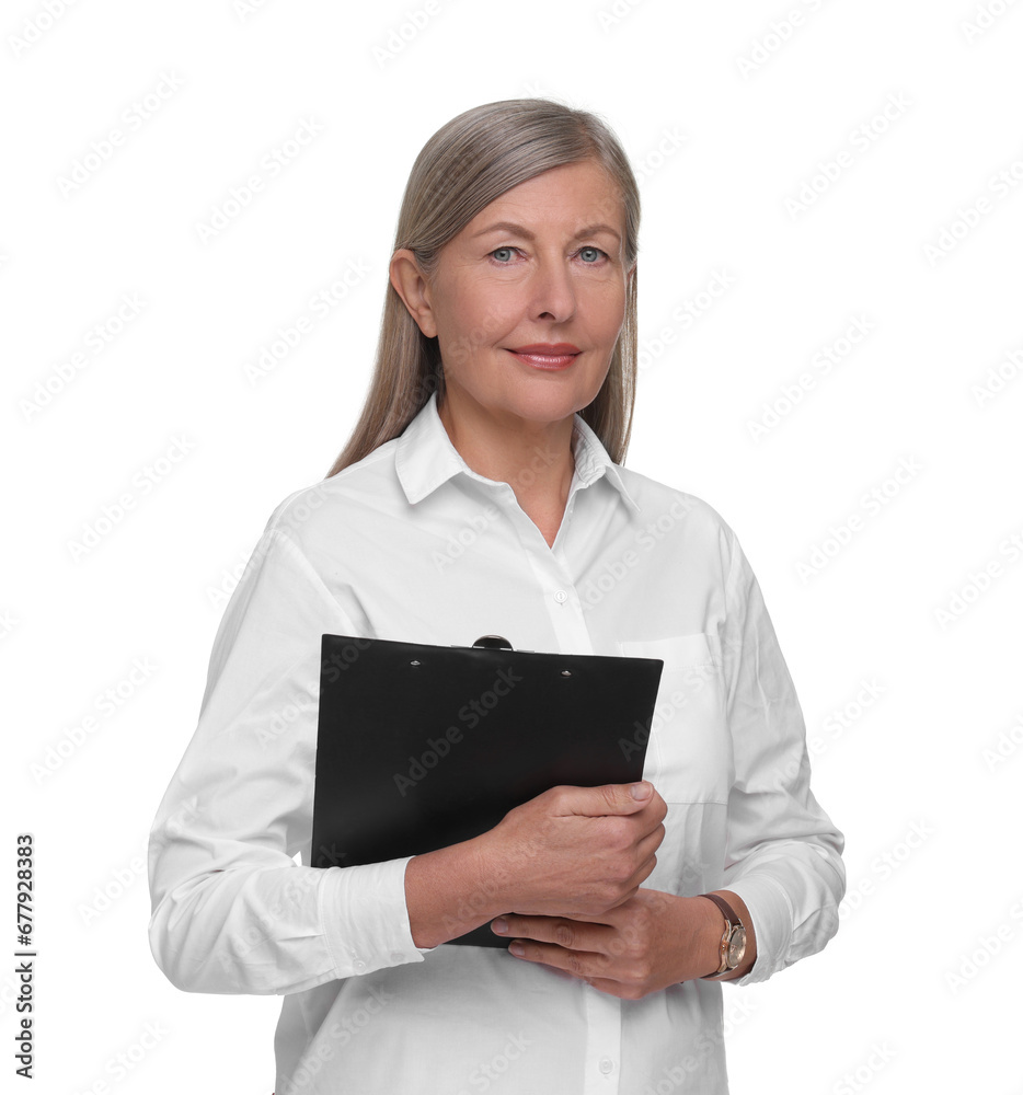 Portrait of beautiful woman with clipboard on white background. Lawyer, businesswoman, accountant or manager Portrait of beautiful woman with clipboard on white background. Lawyer, businesswoman, accountant or manager