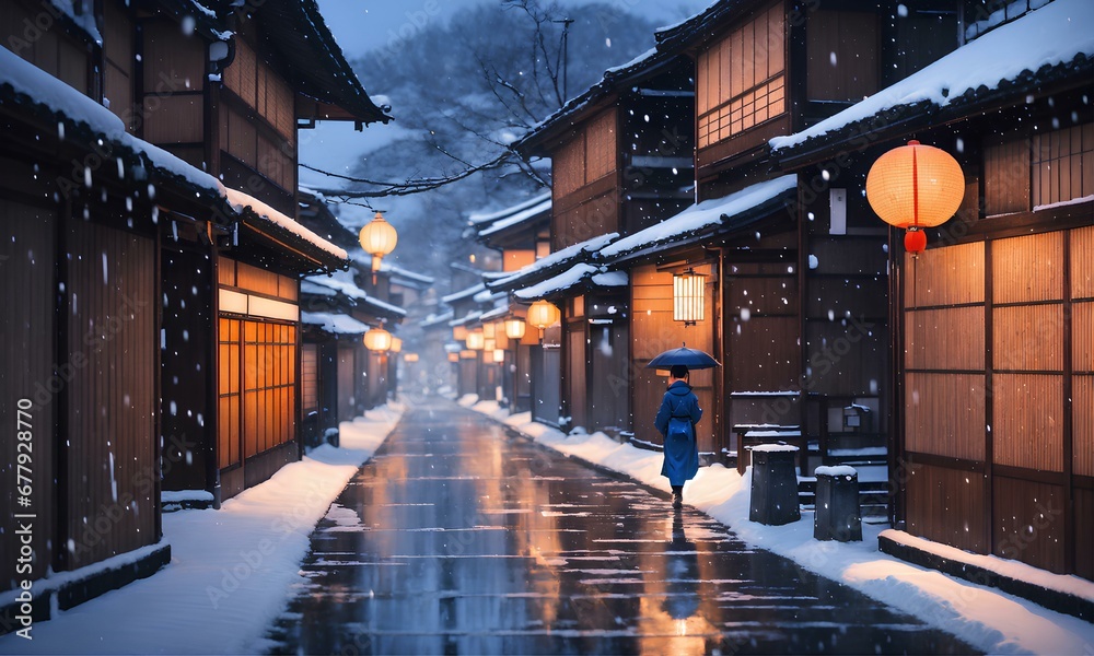 日本の京都の冬の美しい景色、絵画。 古い町並み。雪が積もった石畳に明かりが反射している｜Beautiful winter scenery of Kyoto, Japan, painting. Old townscape. Lights are reflected on the snow-covered cobblestones. Generative AI - obrazy, fototapety, plakaty 