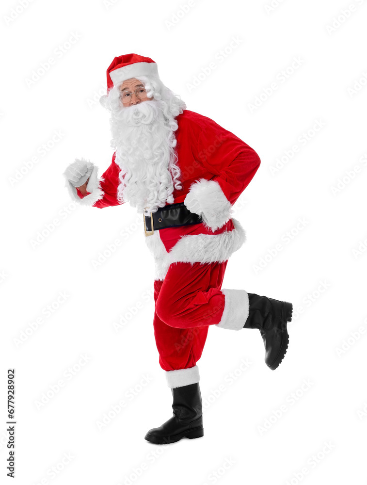 Man in Santa Claus costume running on white background Man in Santa Claus costume running on white background