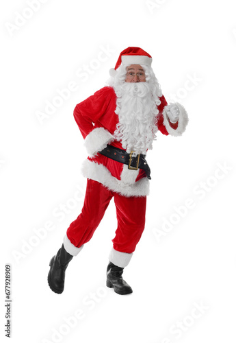 Man in Santa Claus costume running on white background