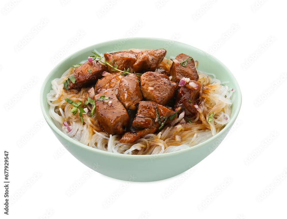 Bowl with pieces of soy sauce chicken and noodle isolated on white