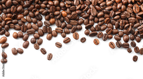 Many roasted coffee beans isolated on white , top view