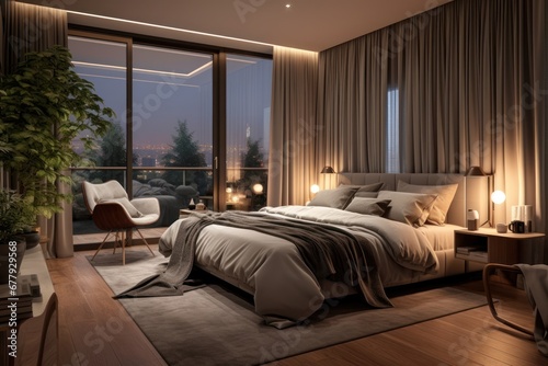 Modern contemporary loft style bedroom with tropical style garden view. The room has concrete tiled floors and walls and wooden ceilings. Furnished with brown furniture