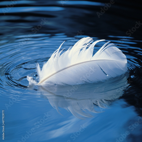 A white feather floating on a blue water