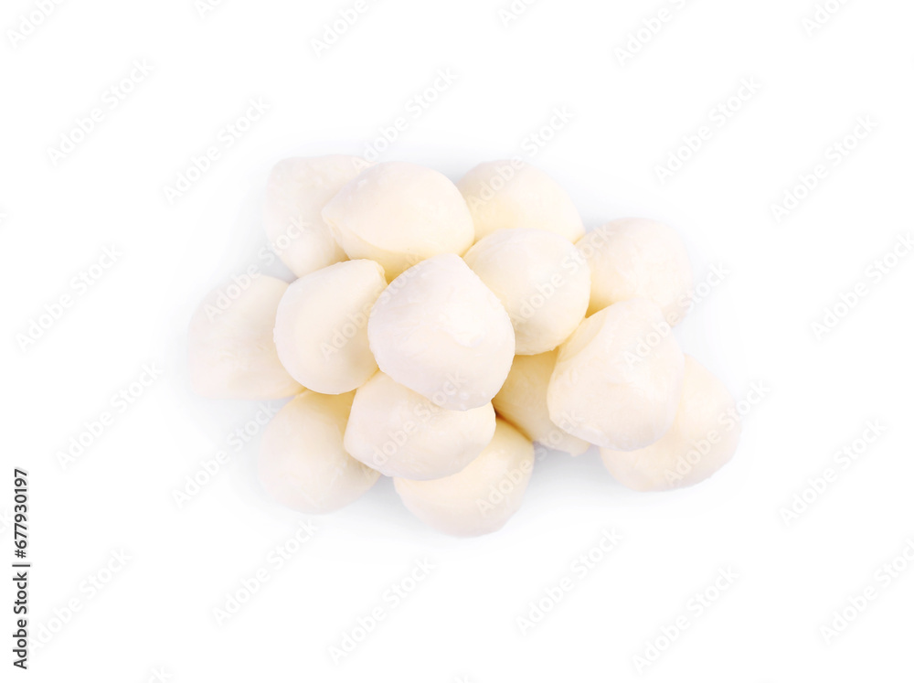 Tasty mozzarella balls isolated on white, top view Tasty mozzarella balls isolated on white, top view