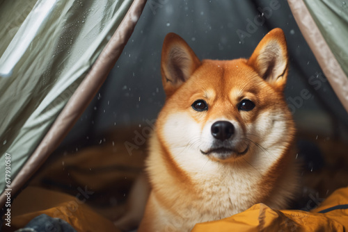 Dog sitting inside of tent on a rainy day. Created with Generative AI technology © JoyImage