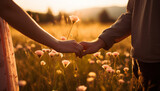 couple holding hands in the field, love