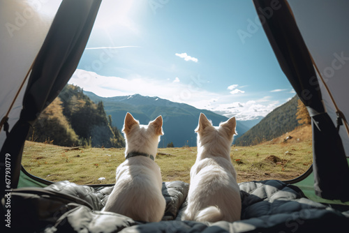 Dogs sitting inside tent gazing at majestic mountains and meadow. Created with Generative AI technology