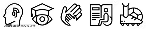 Conjunto de iconos de asistencia para personas con discapacidad. audífono, graduación no vidente, mano de apoyo, silla de ruedas con libro. Prótesis con balón. Ilustración vectorial