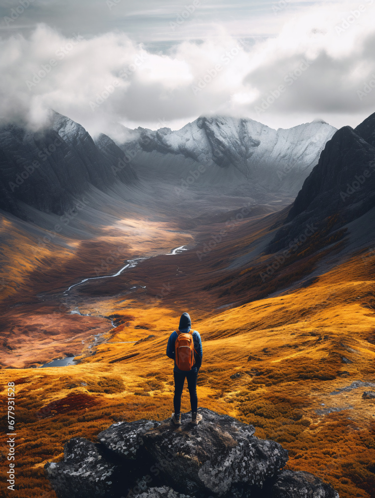 Person in hoodie standing on top of a mountain, admiring the view of majestic valley. Created with Generative AI technology