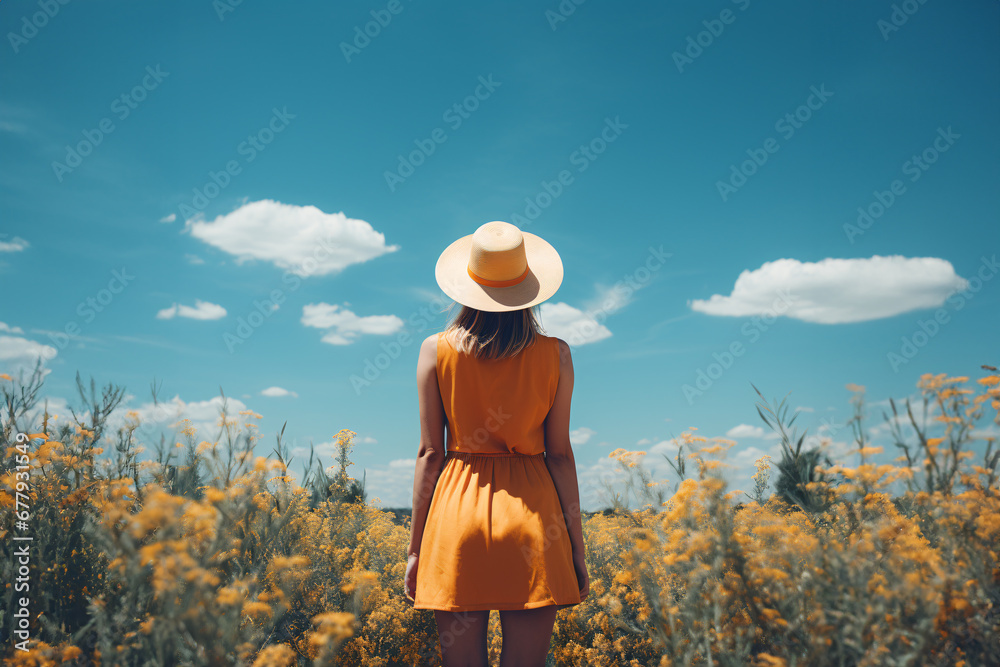 Woman standing in front of yellow flower field. Created with Generative AI technology