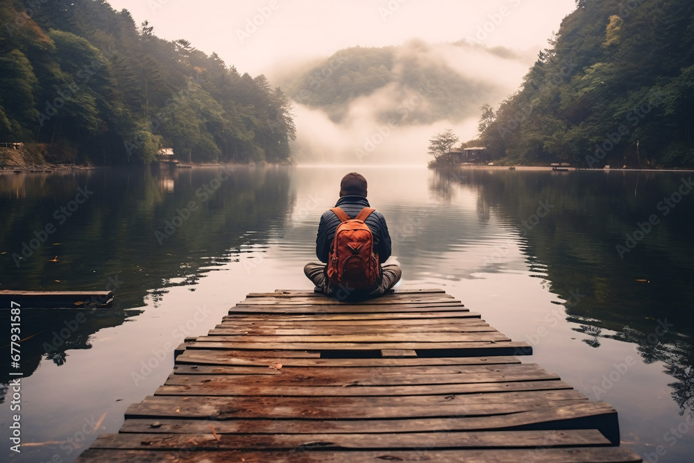 Person with hoodie and orange backpack sitting on a dock gazing at the calm water of serene lake. Created with Generative AI technology - obrazy, fototapety, plakaty 