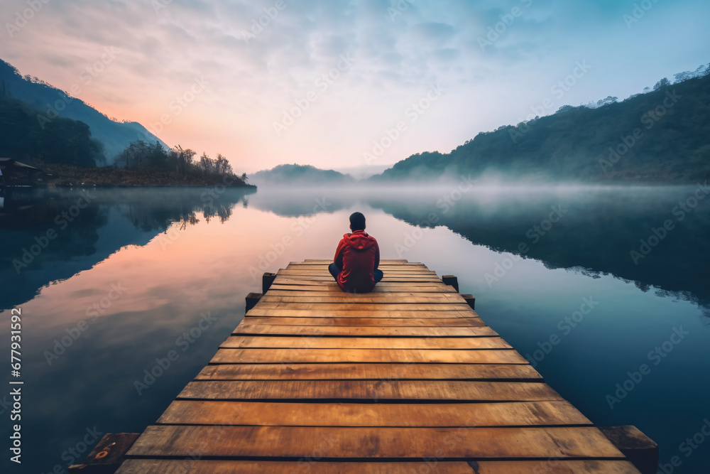 Person sitting on a dock in the middle of a lake surrounded by prosper forest. Created with Generative AI technology Person sitting on a dock in the middle of a lake surrounded by prosper forest. Created with Generative AI technology